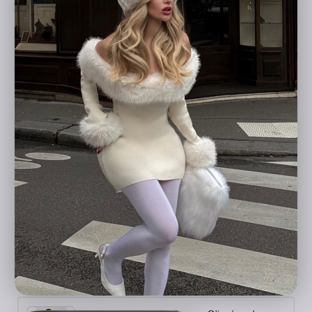 Fashion Nova White Fur-Trimmed Dress and Hat Set